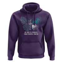 Purple hoodie with teal butterfly-cross graphic on front and front kangaroo pocket