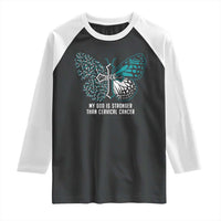 Cervical Cancer Warrior Raglan Shirt My God is Stronger Teal And White Butterfly Christian Cross Faith