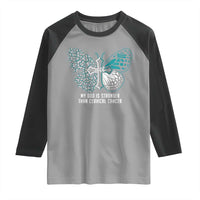 Cervical Cancer Warrior Raglan Shirt My God is Stronger Teal And White Butterfly Christian Cross Faith