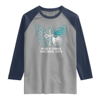 Cervical Cancer Warrior Raglan Shirt My God is Stronger Teal And White Butterfly Christian Cross Faith