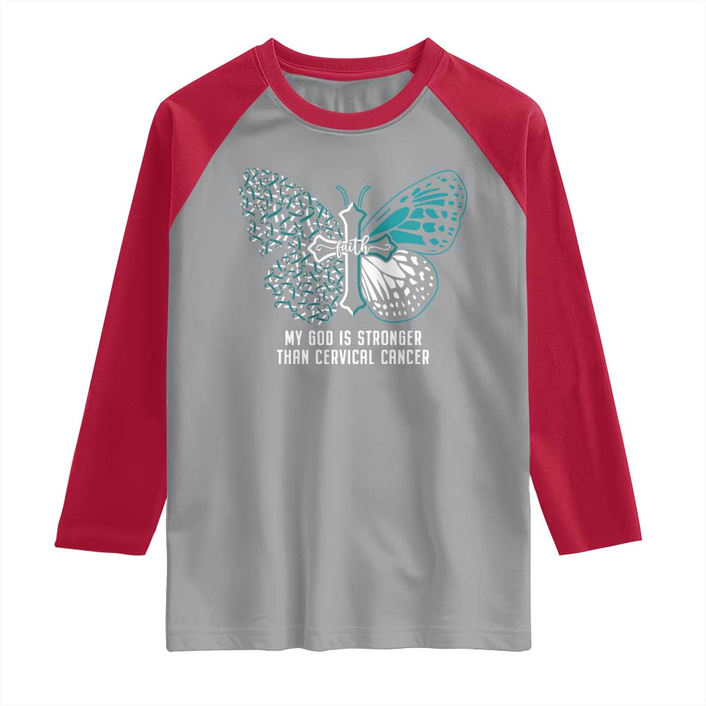 Cervical Cancer Warrior Raglan Shirt My God is Stronger Teal And White Butterfly Christian Cross Faith