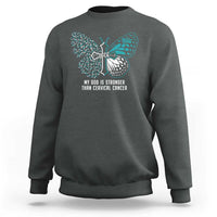 My God is Stronger Than Cervical Cancer Teal Butterfly Cross Sweatshirt - Wonder Print Shop