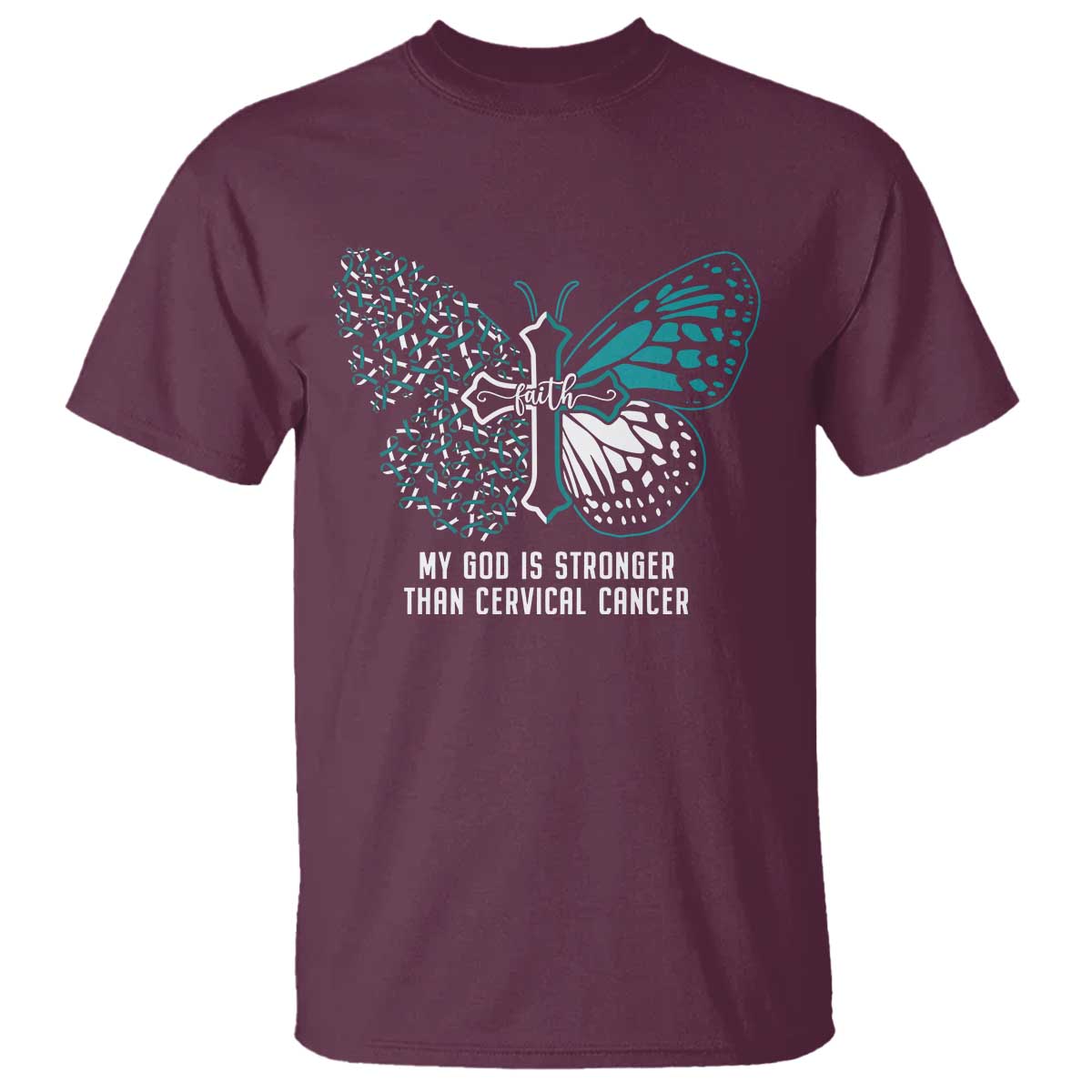 My God is Stronger Than Cervical Cancer Teal Butterfly Cross T Shirt - Wonder Print Shop