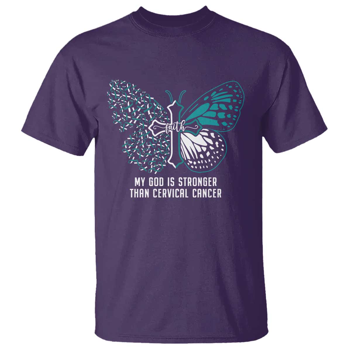 My God is Stronger Than Cervical Cancer Teal Butterfly Cross T Shirt - Wonder Print Shop
