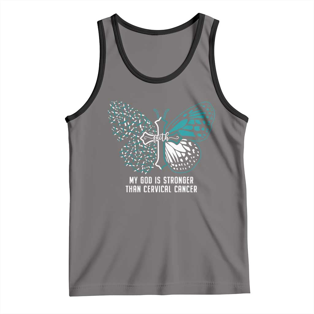 Cervical Cancer Warrior Tank Top My God is Stronger Teal And White Butterfly Christian Cross Faith