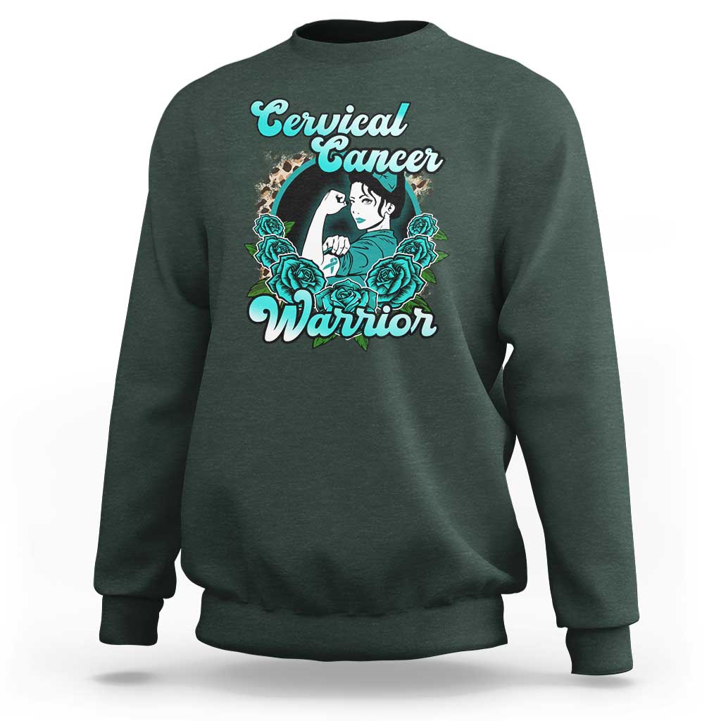 Support Strong Cervical Cancer Warrior Fighter Cervical Cancer Awareness Teal Ribbon Sweatshirt - Wonder Print Shop