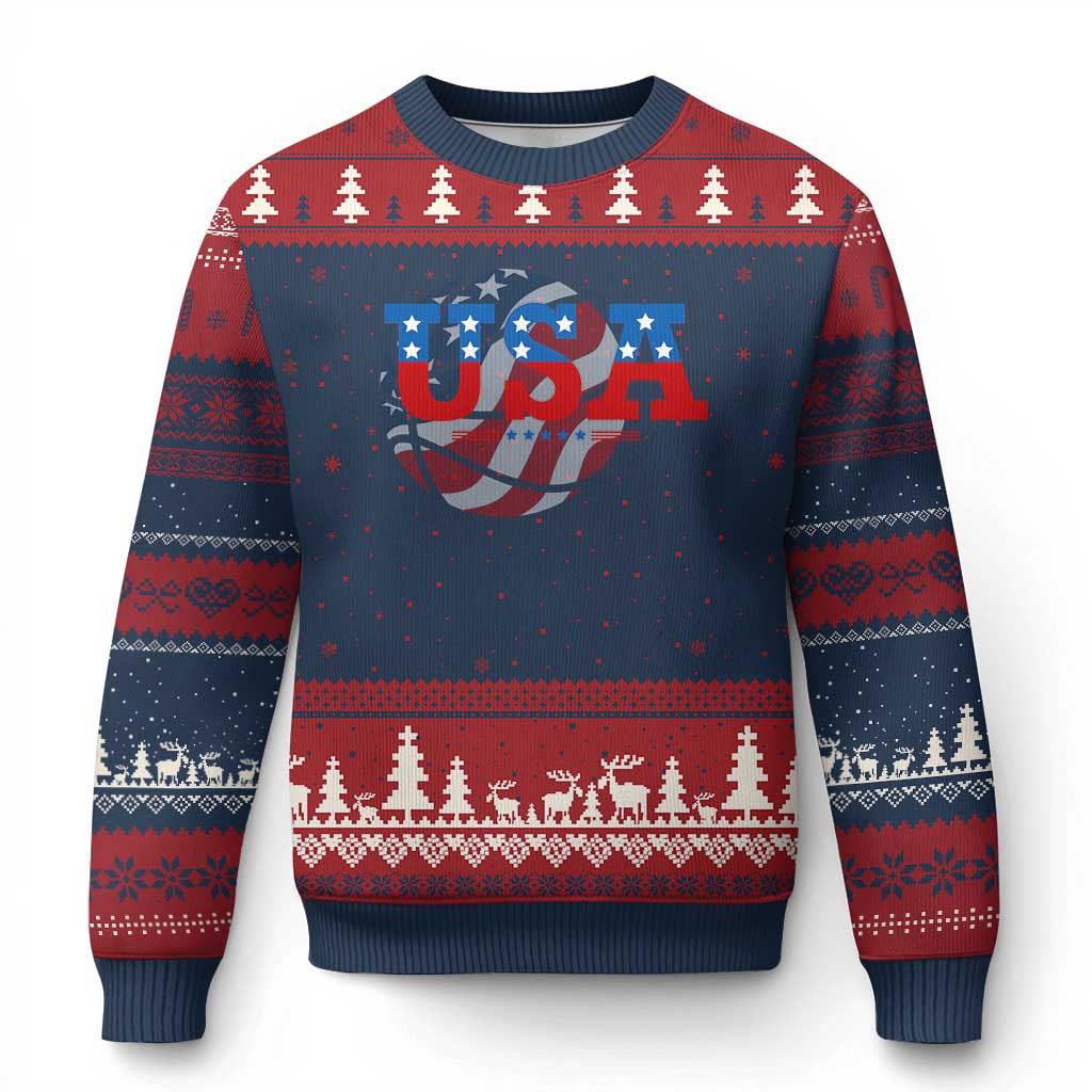 Basketball Ugly Christmas Sweater USA Patriotic American Flag Stars and Stripes Team Sport Fan - Wonder Print Shop