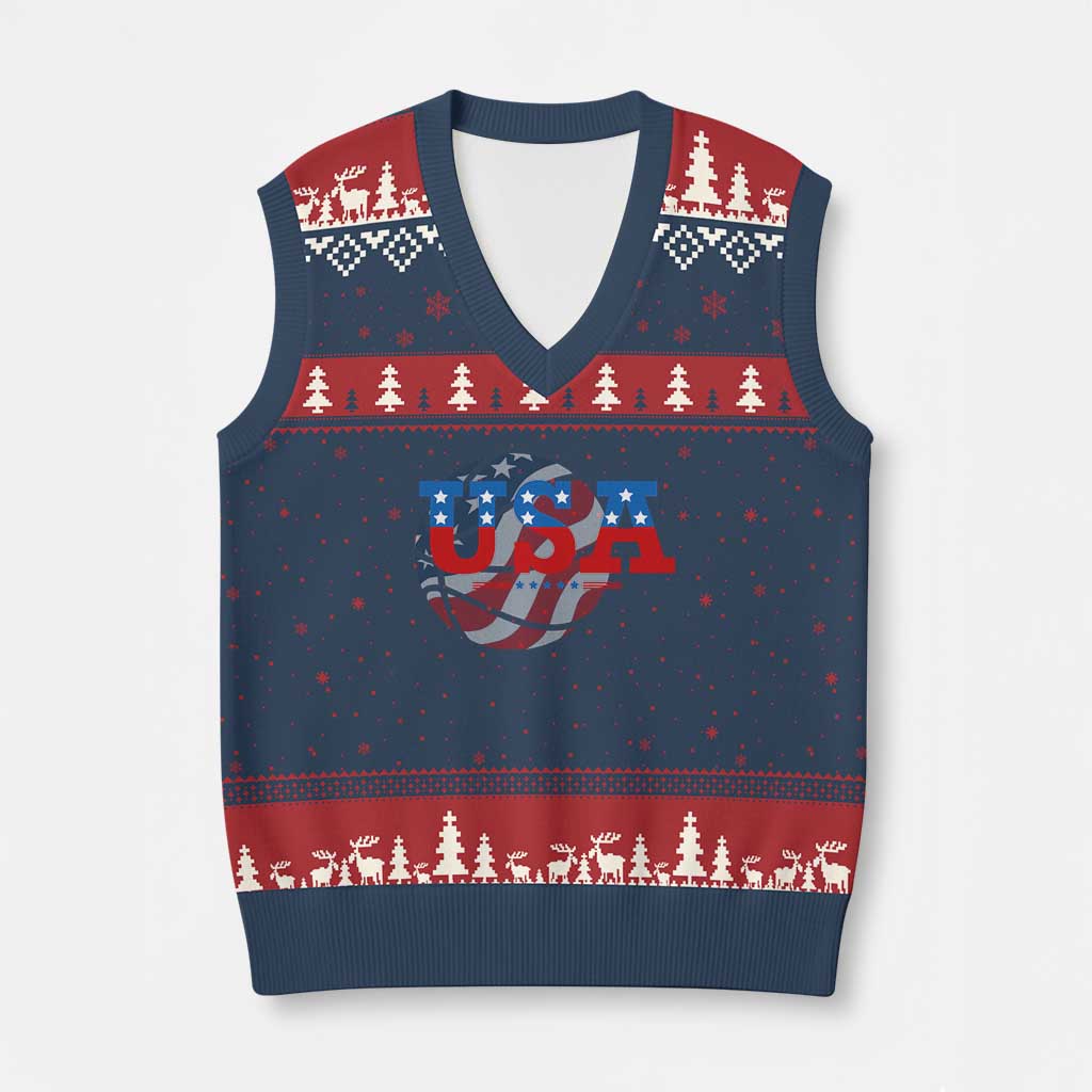 Basketball V-Neck Knit Sweater Vest USA Patriotic American Flag Stars and Stripes Team Sport Fan - Wonder Print Shop
