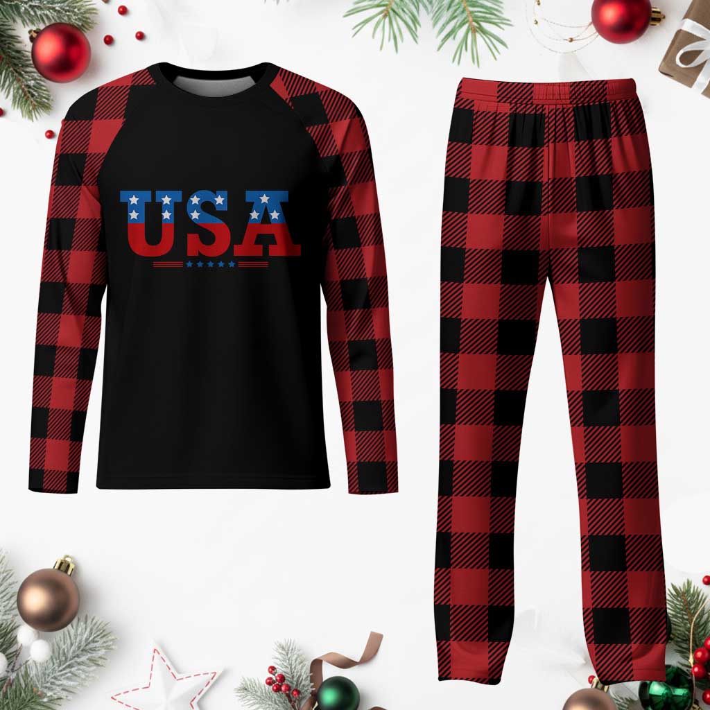 USA Patriotic Plaid Pajama Set Red White Blue Stars - Wonder Print Shop