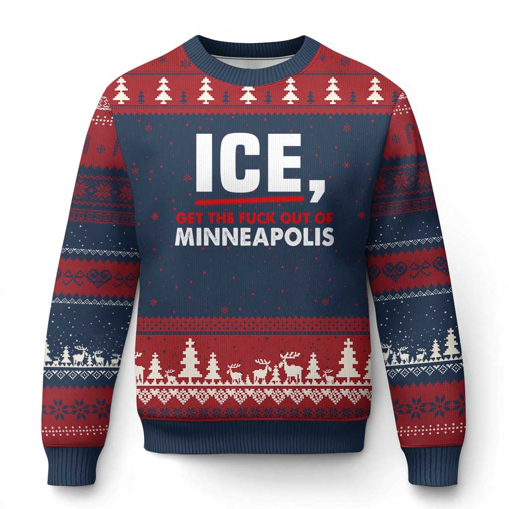 Ice Get The F Out of Minneapolis Ugly Christmas Sweater Red and White Statement Justice and Resistance Protest - Wonder Print Shop