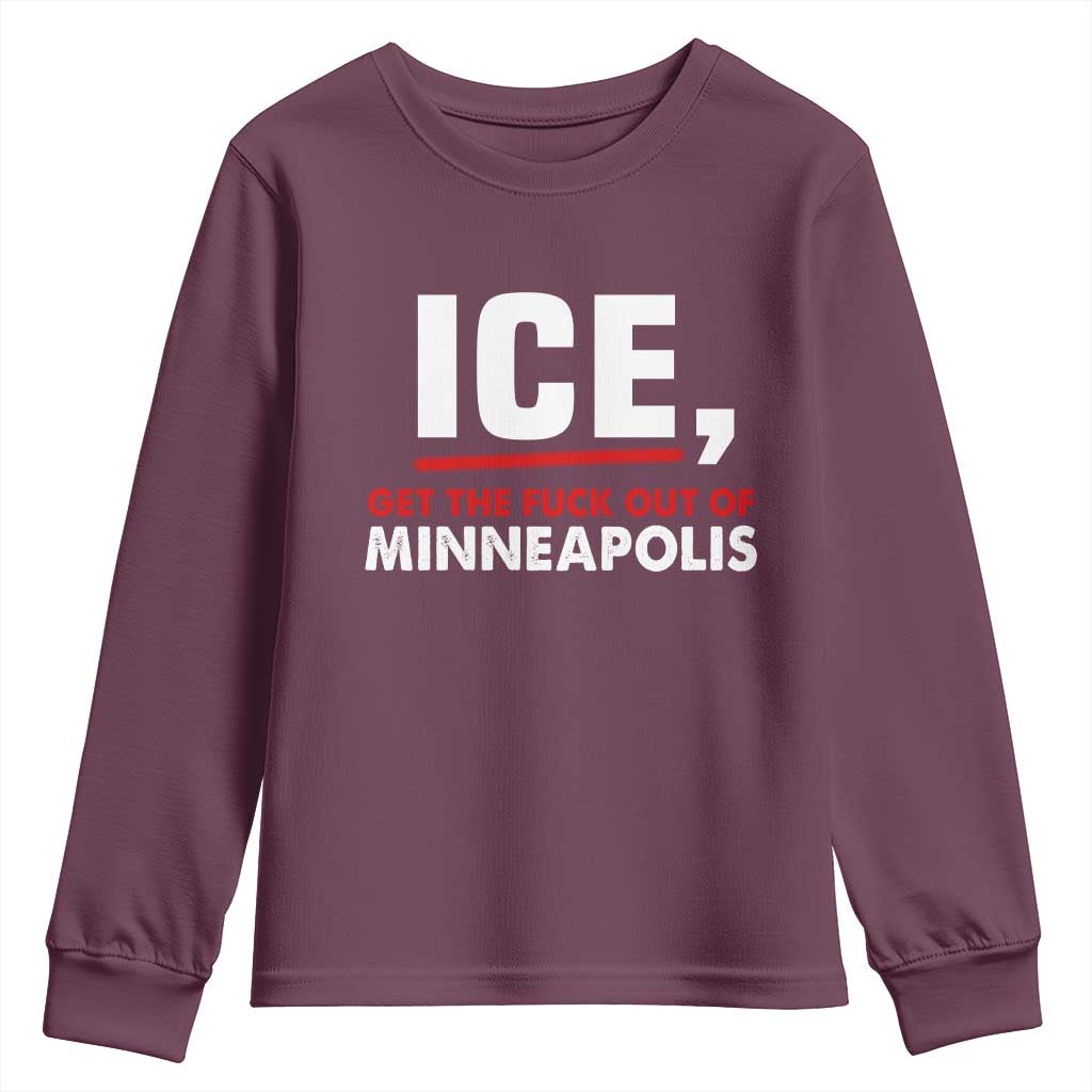 Ice Get The F Out of Minneapolis Youth Sweatshirt Red and White Statement Justice and Resistance Protest - Wonder Print Shop