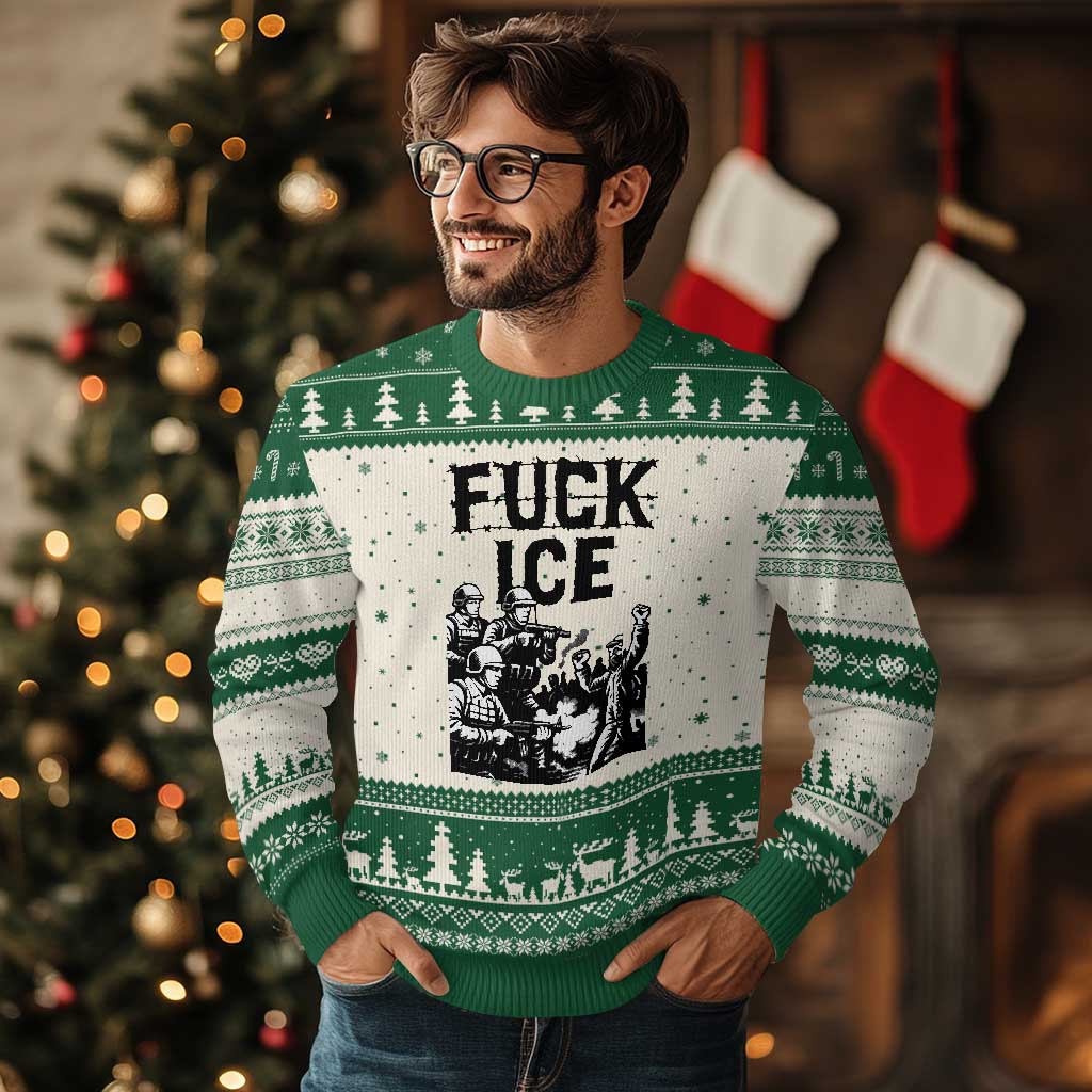 F Ice Riot Protest Graphic Ugly Christmas Sweater Political Resistance Against Ice Violence