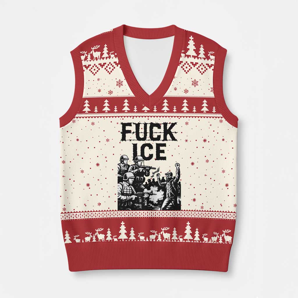 F Ice Riot Protest Graphic V-Neck Knit Sweater Vest Political Resistance Against Ice Violence