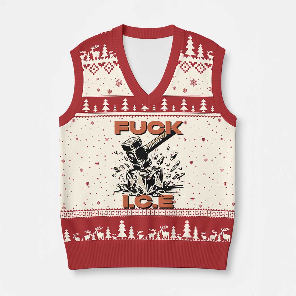 Crush Ice Protest Graphic V-Neck Knit Sweater Vest Sledgehammer Smash Against Ice Political Resistance
