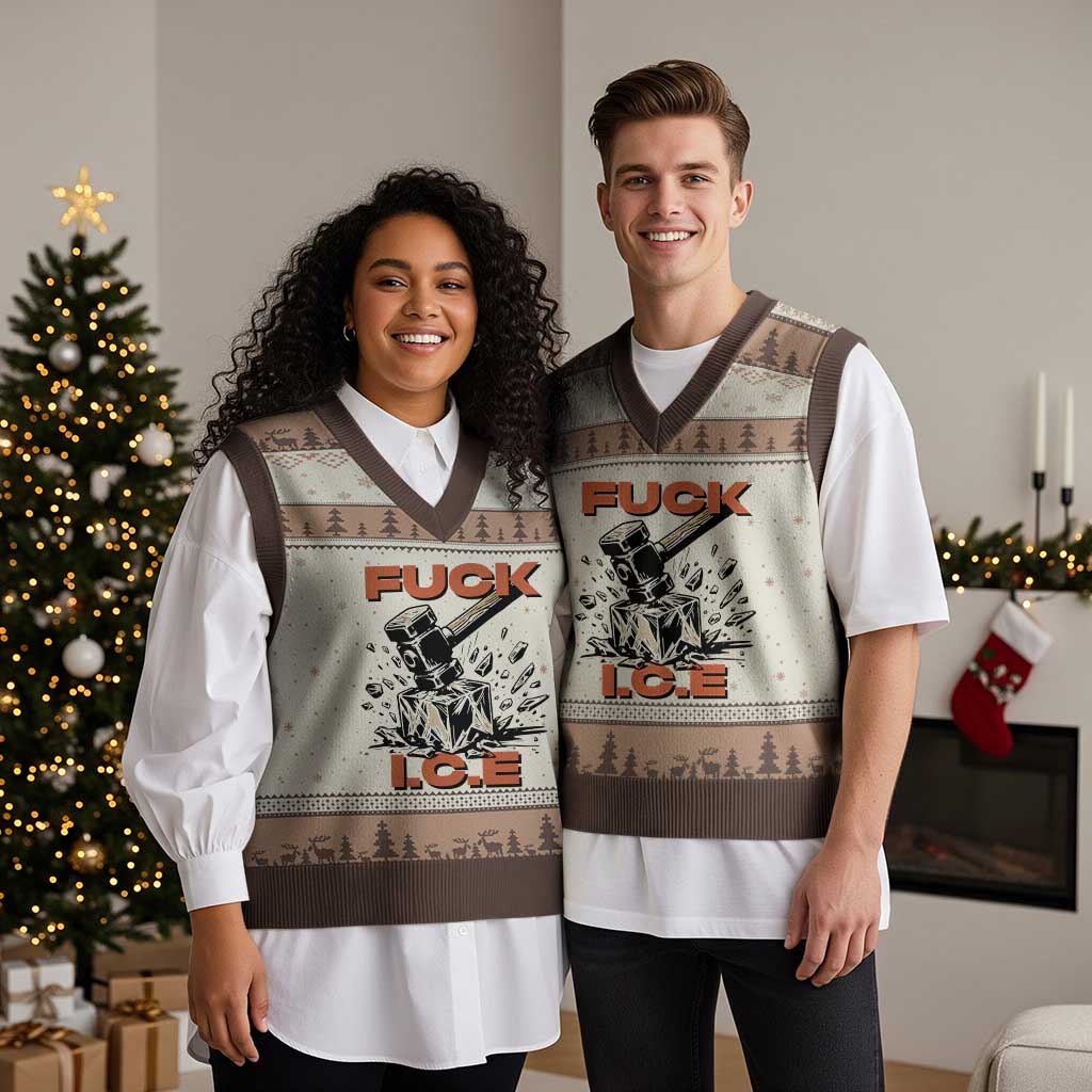 Crush Ice Protest Graphic V-Neck Knit Sweater Vest Sledgehammer Smash Against Ice Political Resistance