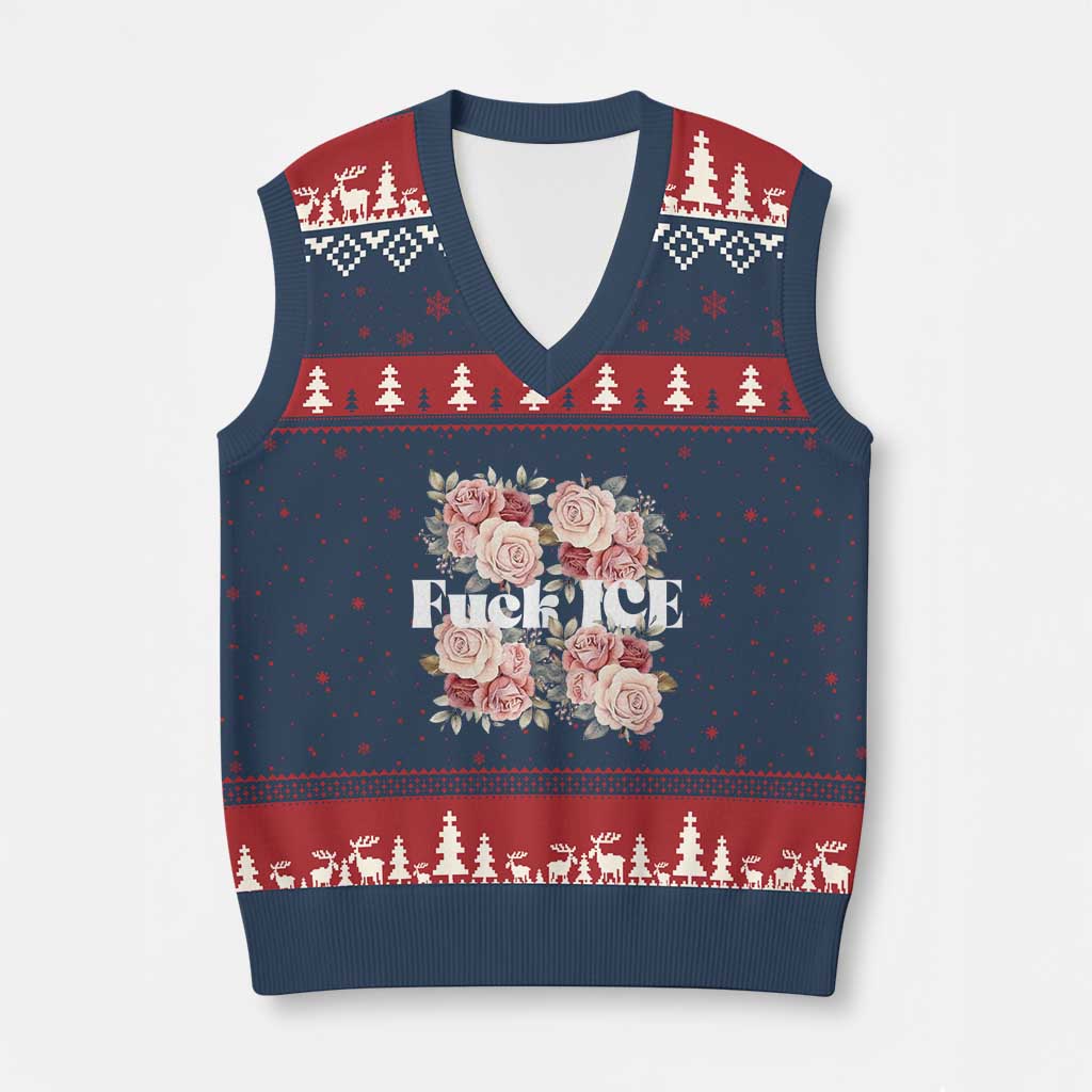 Floral Protest Against Ice V-Neck Knit Sweater Vest Justice and Freedom Political Resistance