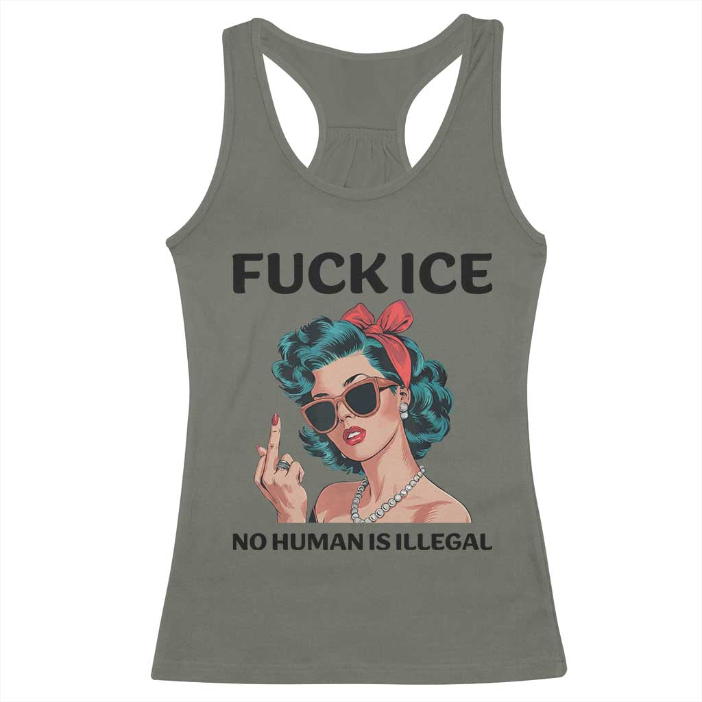 F Ice No Human Is Illegal Racerback Tank Top Feminist Pop Art Against Ice Protest Resistance