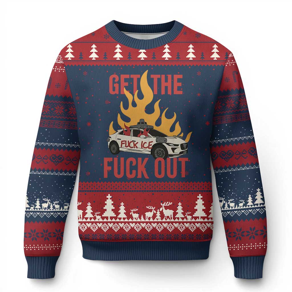 Ice Get the F Out Burning Car Graphic Ugly Christmas Sweater Against Ice Protest Resistance