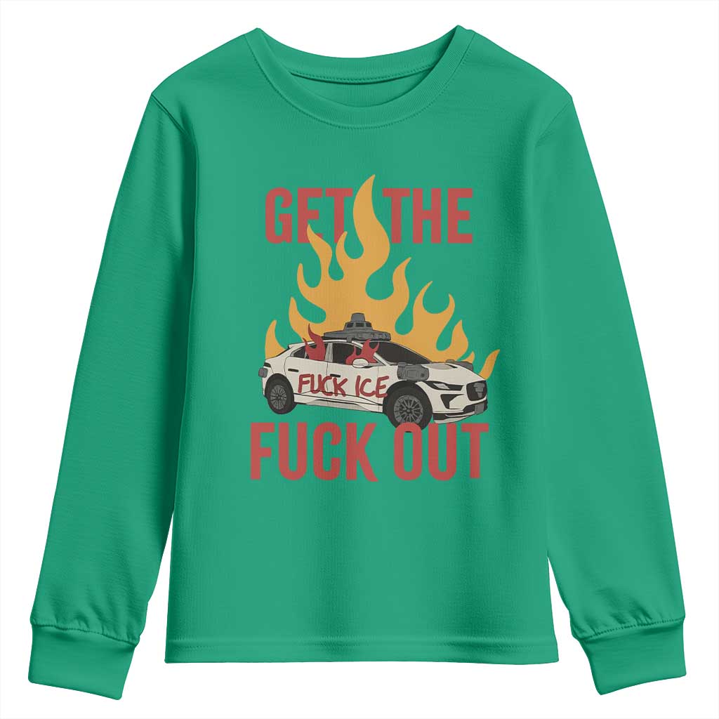 Ice Get the F Out Burning Car Graphic Youth Sweatshirt Against Ice Protest Resistance