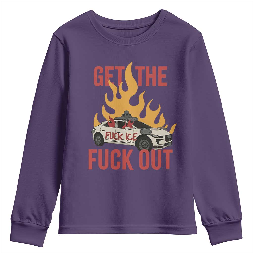 Ice Get the F Out Burning Car Graphic Youth Sweatshirt Against Ice Protest Resistance