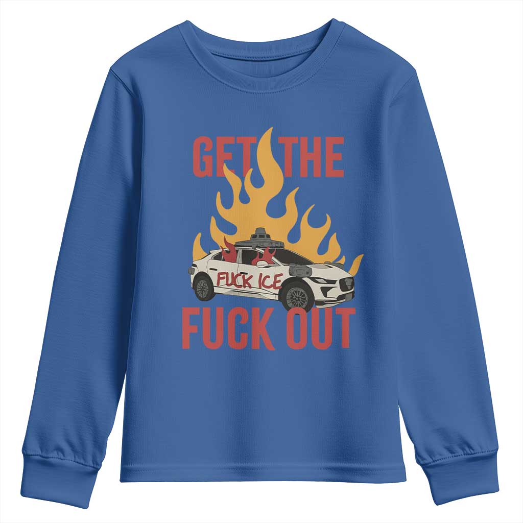 Ice Get the F Out Burning Car Graphic Youth Sweatshirt Against Ice Protest Resistance