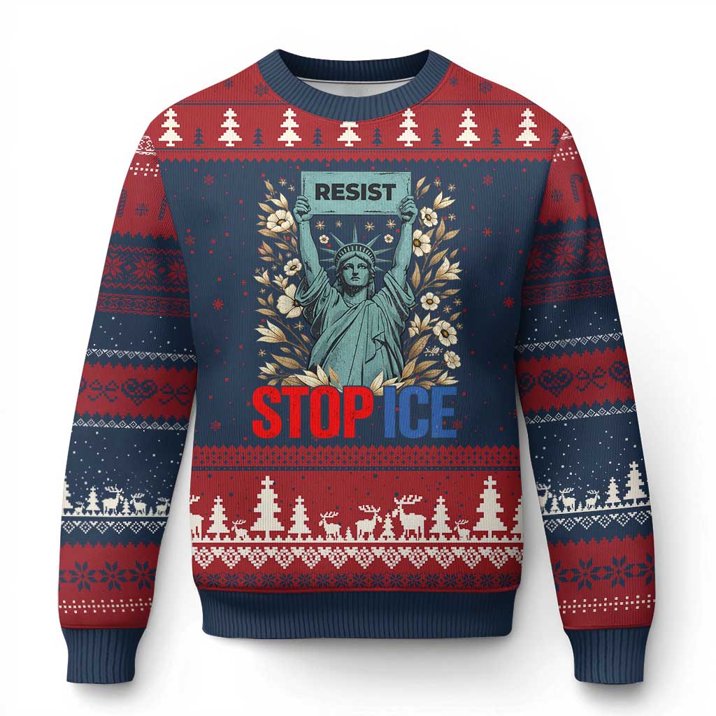 Statue of Liberty Resist Stop Ice Ugly Christmas Sweater Floral Activist for Justice and Freedom