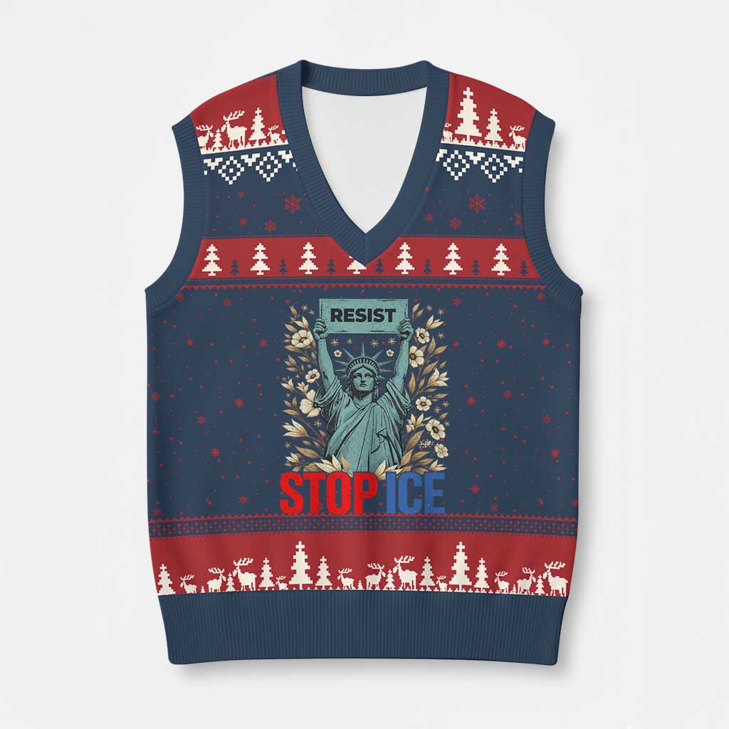 Statue of Liberty Resist Stop Ice V-Neck Knit Sweater Vest Floral Activist for Justice and Freedom