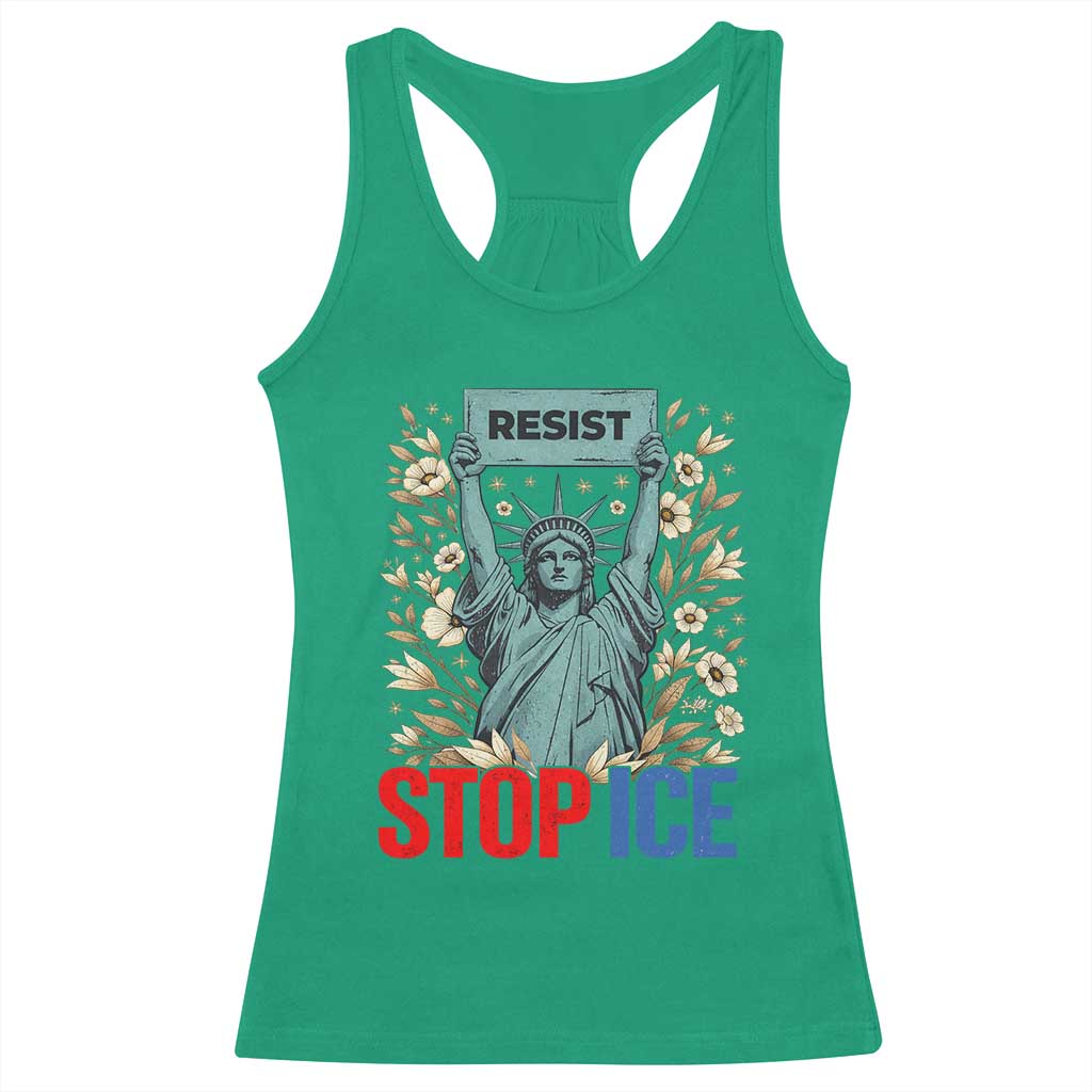 Statue of Liberty Resist Stop Ice Racerback Tank Top Floral Activist for Justice and Freedom