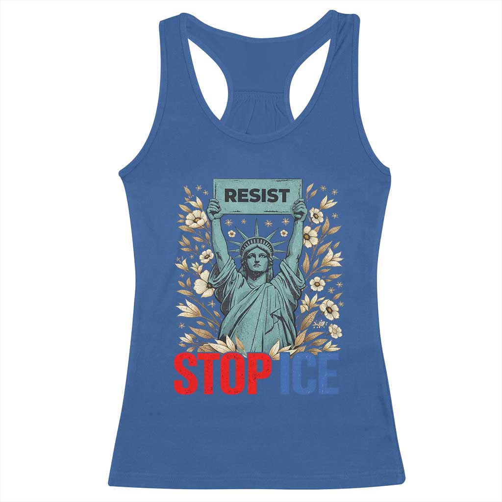 Statue of Liberty Resist Stop Ice Racerback Tank Top Floral Activist for Justice and Freedom