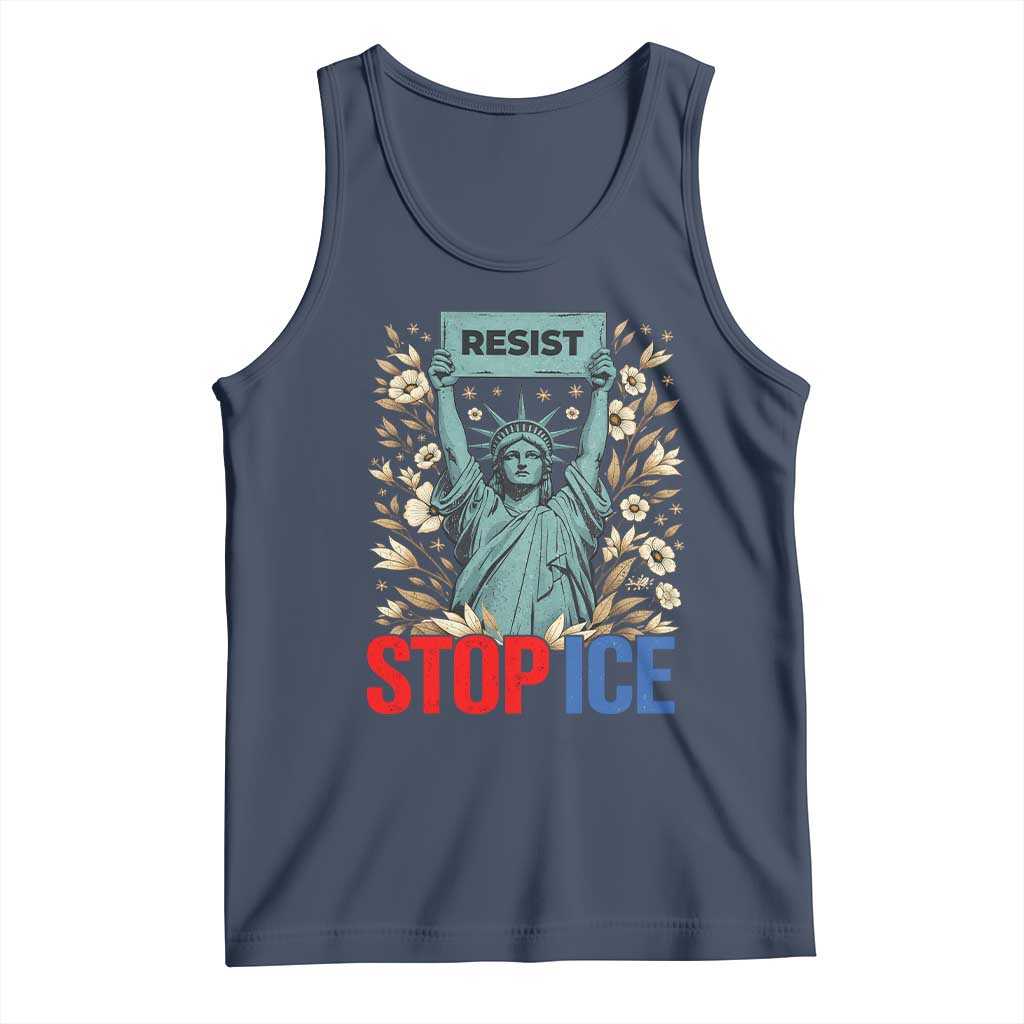 Statue of Liberty Resist Stop Ice Tank Top Floral Activist for Justice and Freedom