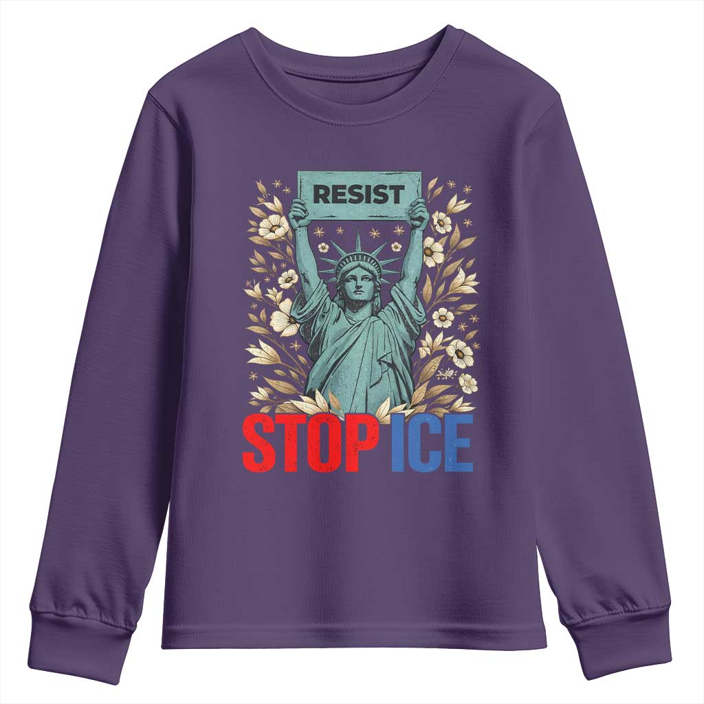 Statue of Liberty Resist Stop Ice Youth Sweatshirt Floral Activist for Justice and Freedom