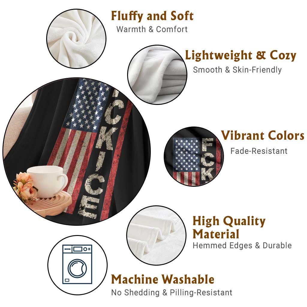 F Ice Retro Distressed American Flag Throw Blanket Patriotic Against Ice Justice Protest Resistance