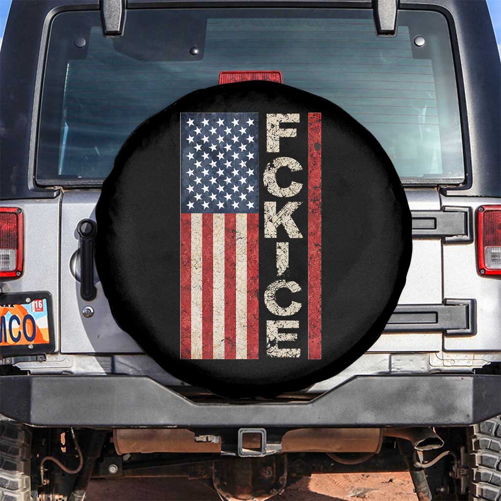 F Ice Retro Distressed American Flag Spare Tire Cover Patriotic Against Ice Justice Protest Resistance