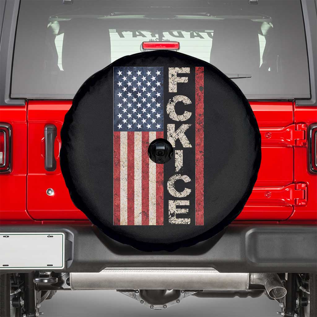 F Ice Retro Distressed American Flag Spare Tire Cover Patriotic Against Ice Justice Protest Resistance