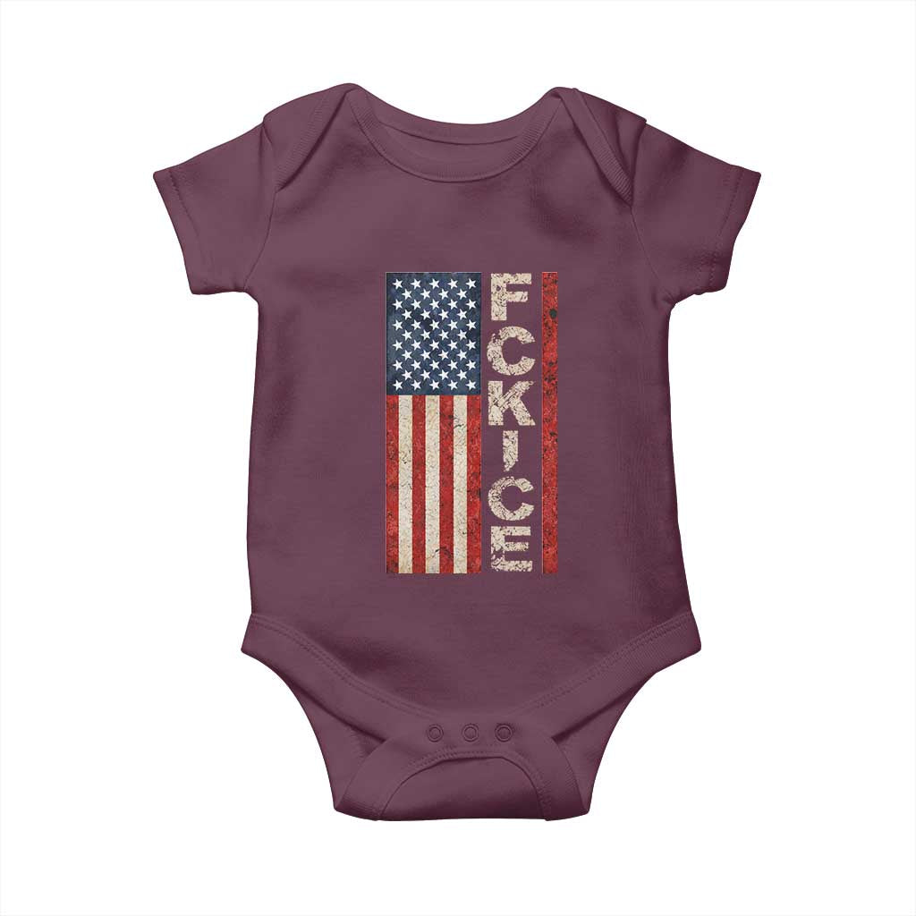 F Ice Retro Distressed American Flag Baby Onesie Patriotic Against Ice Justice Protest Resistance