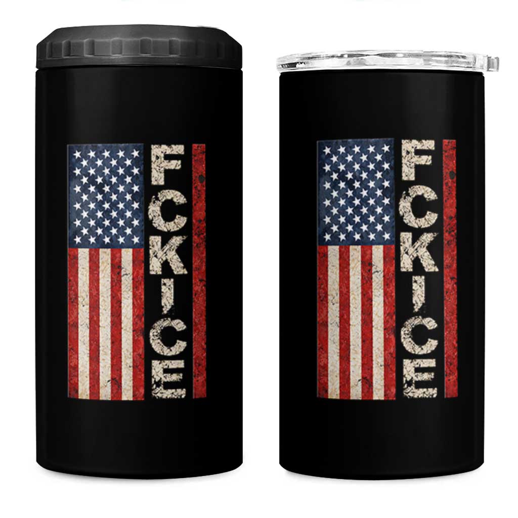 F Ice Retro Distressed American Flag 4 in 1 Can Cooler Tumbler Patriotic Against Ice Justice Protest Resistance