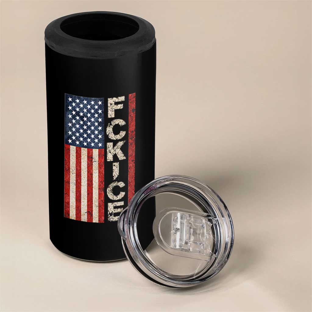 F Ice Retro Distressed American Flag 4 in 1 Can Cooler Tumbler Patriotic Against Ice Justice Protest Resistance