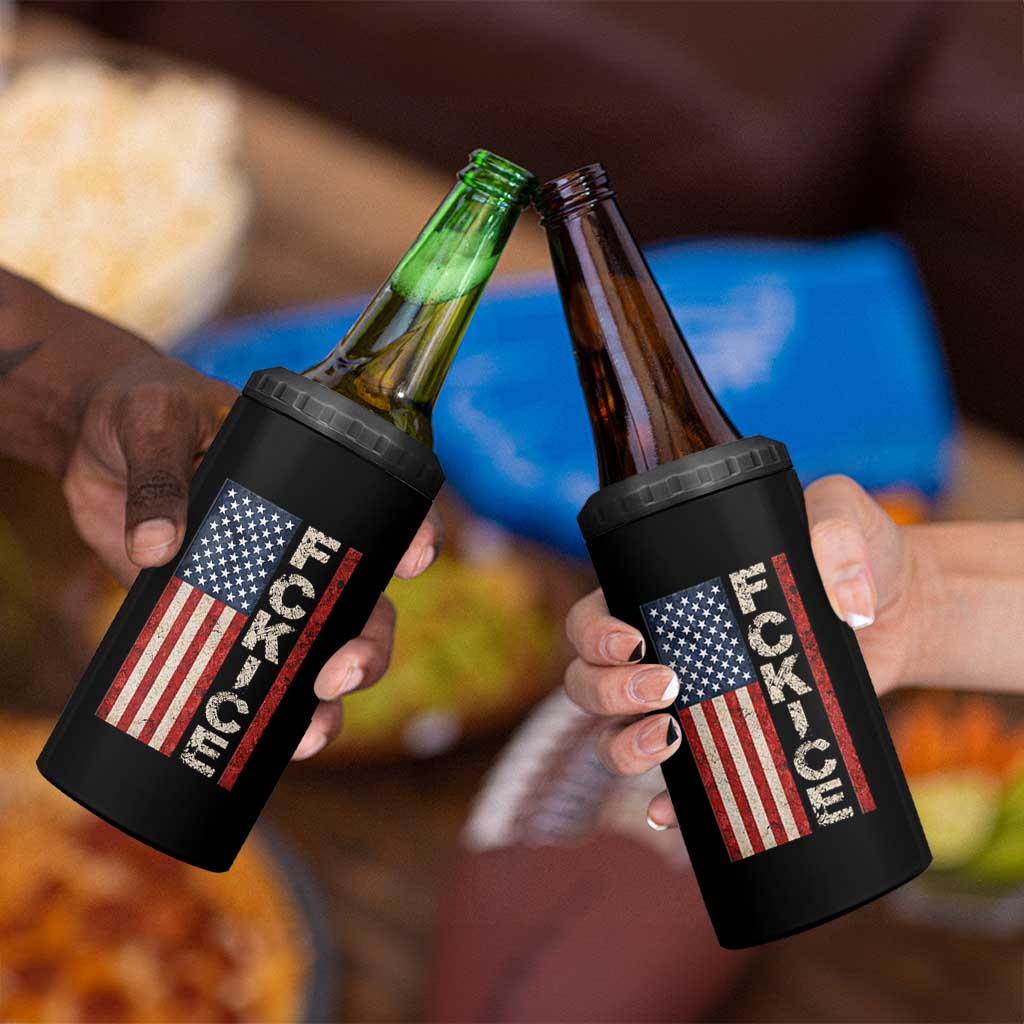 F Ice Retro Distressed American Flag 4 in 1 Can Cooler Tumbler Patriotic Against Ice Justice Protest Resistance