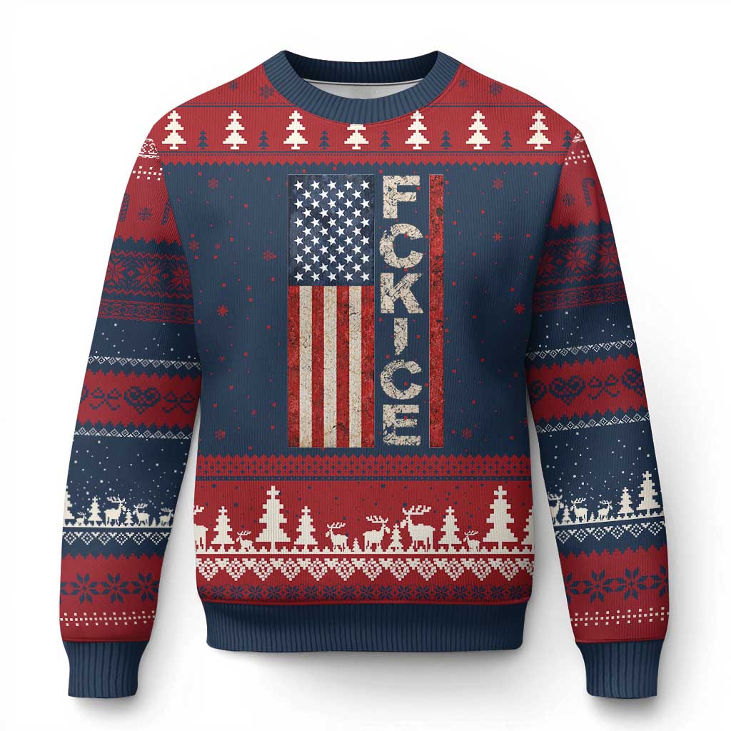 F Ice Retro Distressed American Flag Ugly Christmas Sweater Patriotic Against Ice Justice Protest Resistance