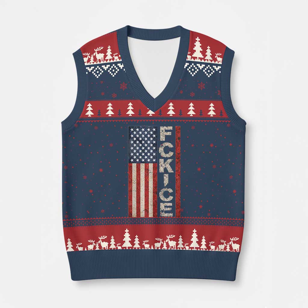 F Ice Retro Distressed American Flag V-Neck Knit Sweater Vest Patriotic Against Ice Justice Protest Resistance