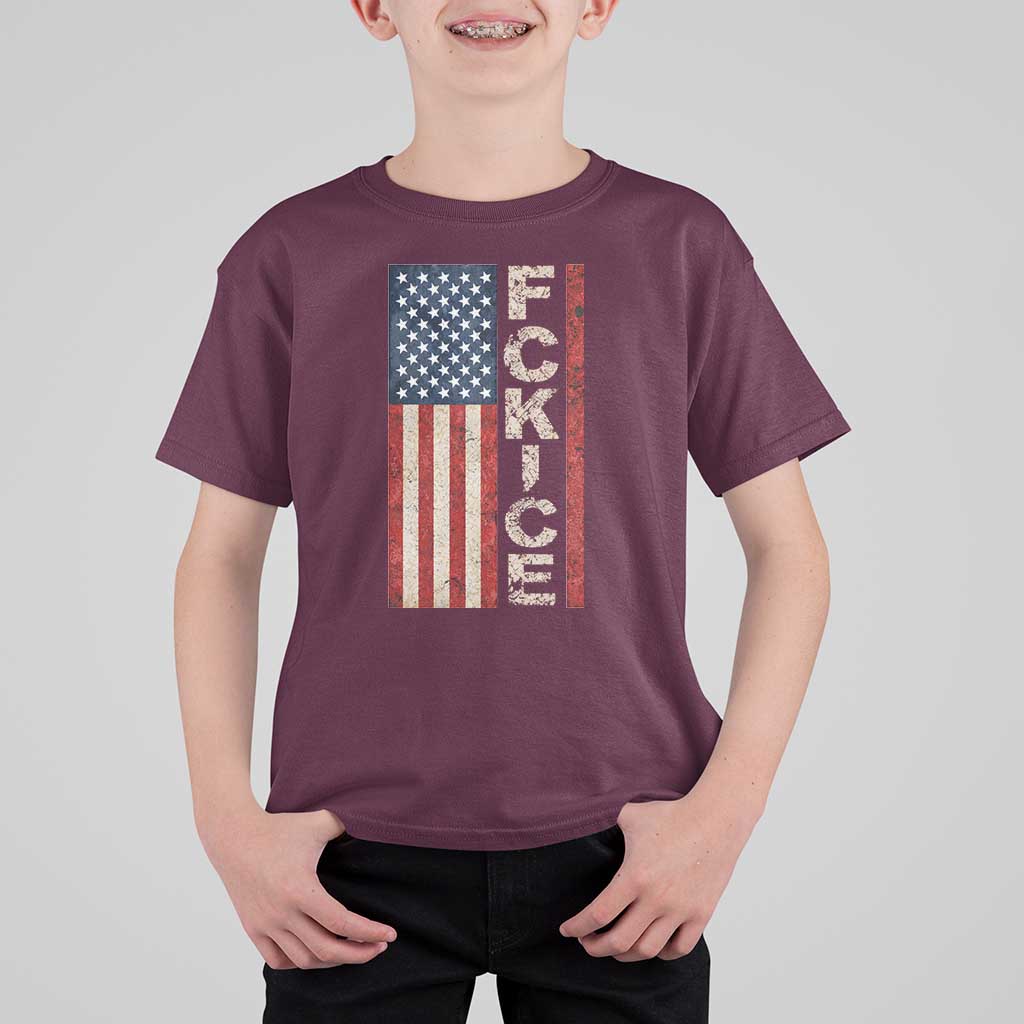 F Ice Retro Distressed American Flag T Shirt For Kid Patriotic Against Ice Justice Protest Resistance