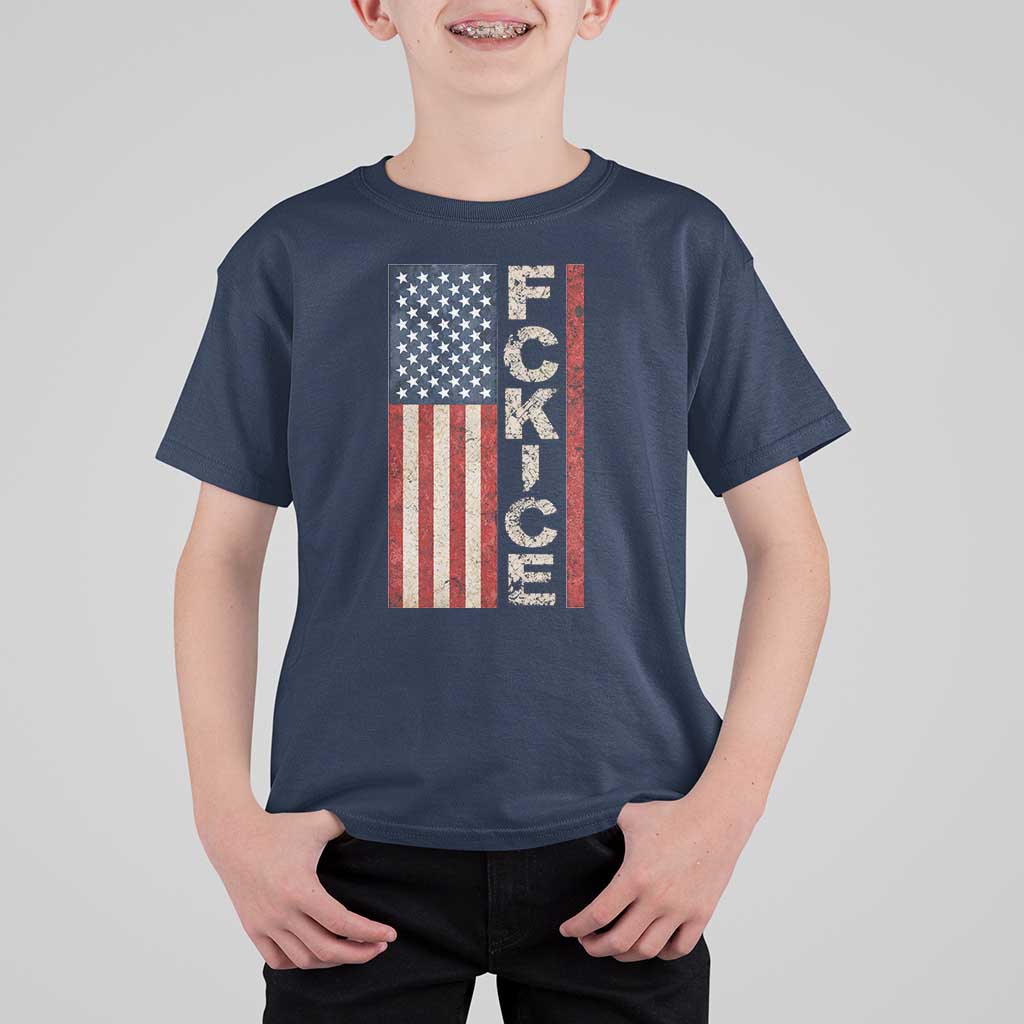 F Ice Retro Distressed American Flag T Shirt For Kid Patriotic Against Ice Justice Protest Resistance