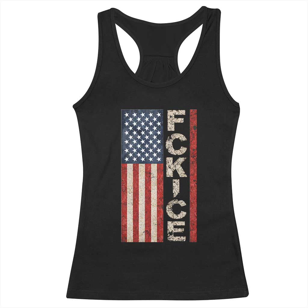 F Ice Retro Distressed American Flag Racerback Tank Top Patriotic Against Ice Justice Protest Resistance