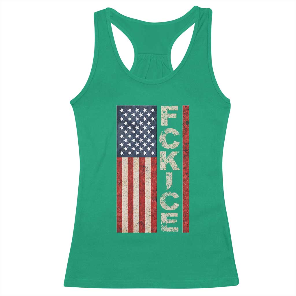 F Ice Retro Distressed American Flag Racerback Tank Top Patriotic Against Ice Justice Protest Resistance