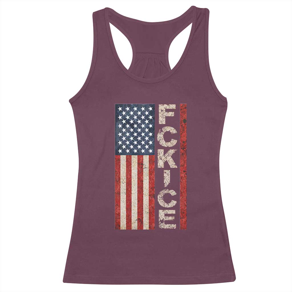 F Ice Retro Distressed American Flag Racerback Tank Top Patriotic Against Ice Justice Protest Resistance