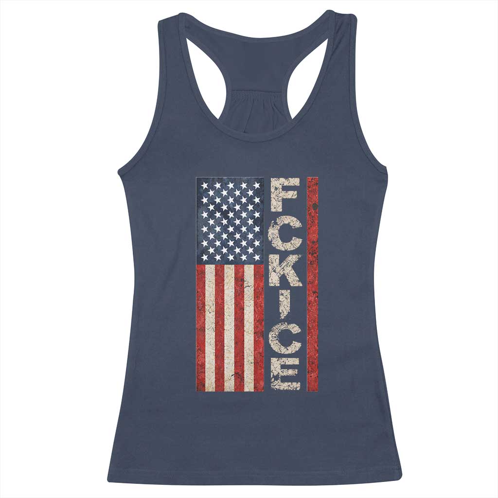 F Ice Retro Distressed American Flag Racerback Tank Top Patriotic Against Ice Justice Protest Resistance