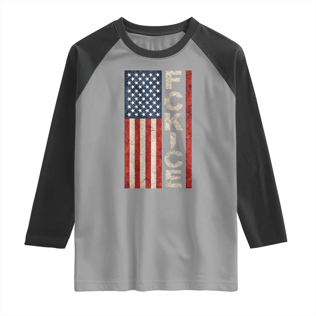 F Ice Retro Distressed American Flag Raglan Shirt Patriotic Against Ice Justice Protest Resistance