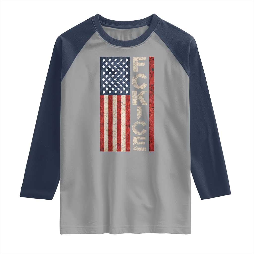 F Ice Retro Distressed American Flag Raglan Shirt Patriotic Against Ice Justice Protest Resistance