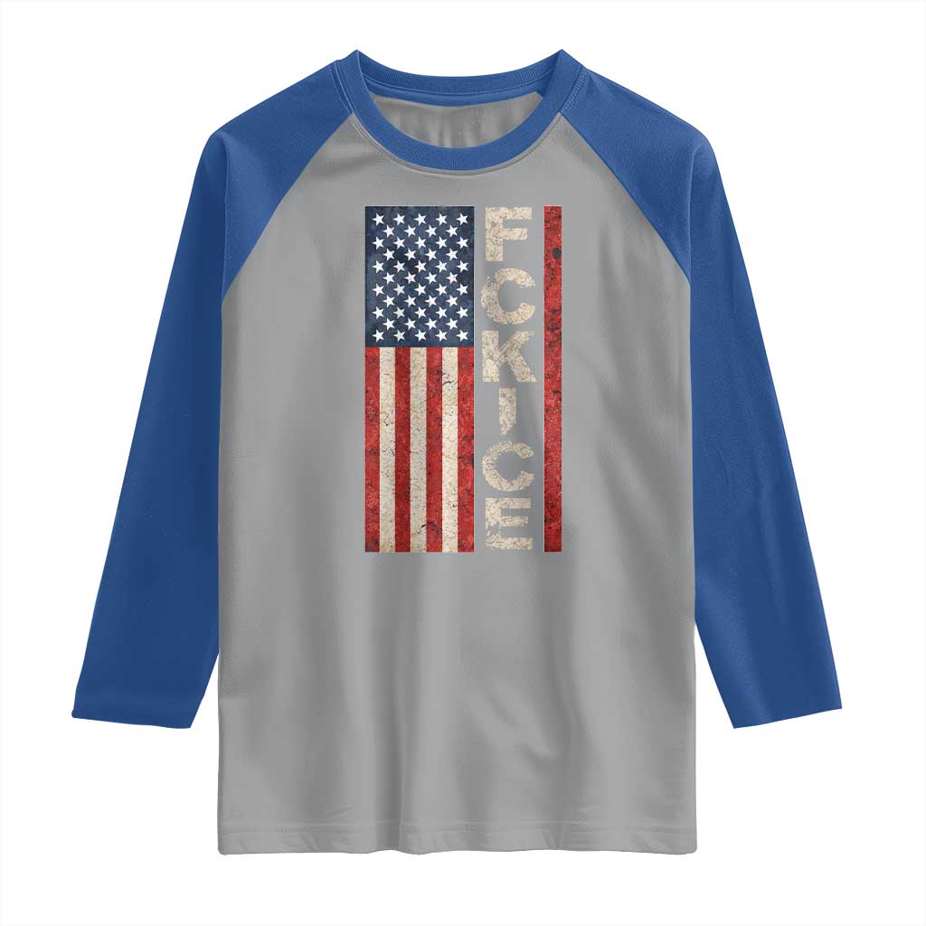 F Ice Retro Distressed American Flag Raglan Shirt Patriotic Against Ice Justice Protest Resistance