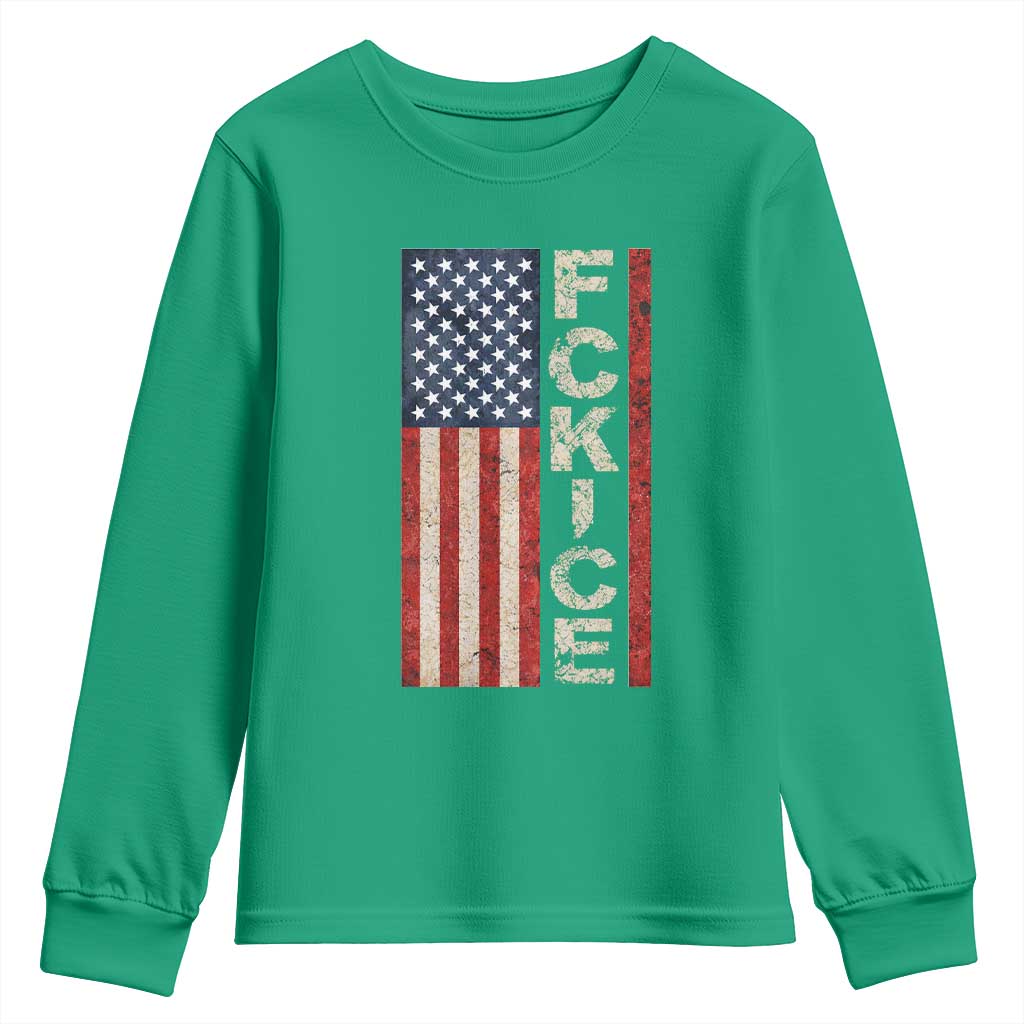 F Ice Retro Distressed American Flag Youth Sweatshirt Patriotic Against Ice Justice Protest Resistance